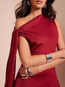 Hauture 女士系带露肩无袖收腰A字迷你连衣裙 - 酒紅色 - 查看 4