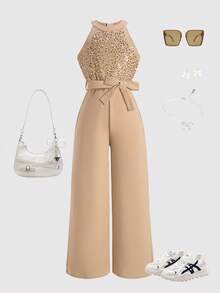 女童亮片吊带连体裤，无袖连体衣，适合青少年、派对和节日穿着 - 香檳色 - 查看 3