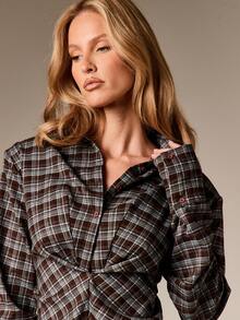 AiiRZ 经典格纹纽扣前襟衬衫，腰部系带设计，长袖法兰绒衬衫，适合秋冬季穿着 - 彩色 - 查看 5