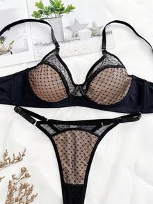 Bộ đồ lót nữ đơn giản thanh lịch 2 món, áo ngực mỏng gợi cảm có miếng vá lưới - màu đen - Xem 6