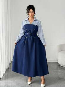 SHEIN Elenzya Abito lungo a blocchi di colore per taglie forti, abito da pendolare per l'autunno/inverno - Multicolore - Visualizzare 4