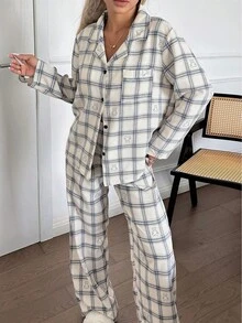 SHEIN 女士可爱格子熊印花长袖上衣和裤子睡衣套装，泡泡雪纺面料，冬季服装，圣诞节 - 彩色 - 查看 4
