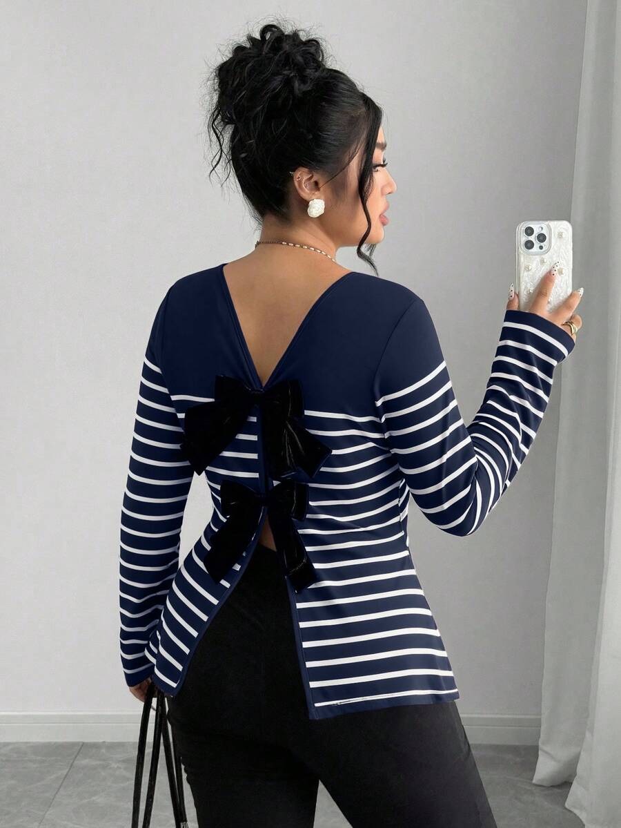 Elenzga Áo thun nữ kẻ sọc khoét lỗ nơ cỡ lớn, thích hợp mặc vào mùa xuân/hè, áo dài tay, áo nơ, áo hở lưng, áo hở lưng - Màu xanh hải quân - Xem 1