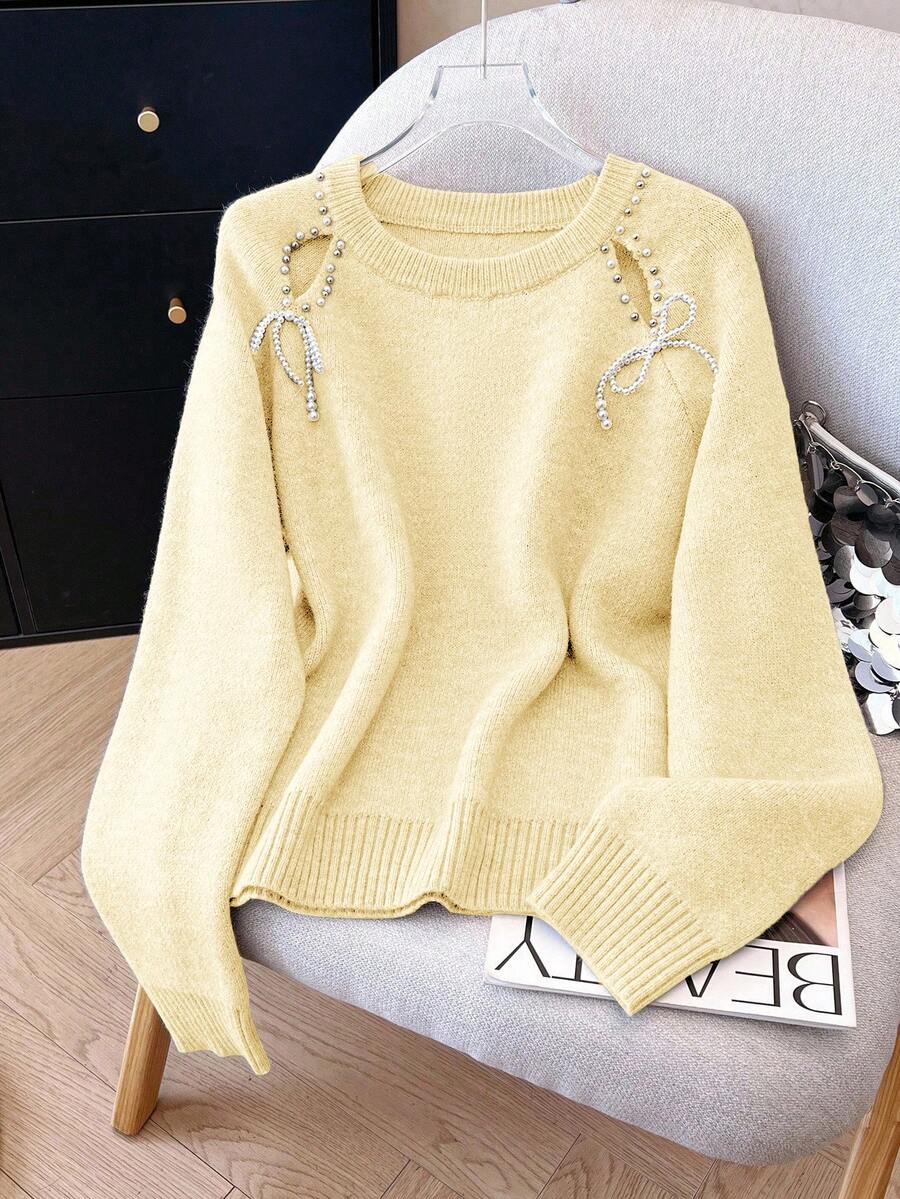 Franclia Women's Elegant French Beaded Hollow Shoulder Sleeve Sweater