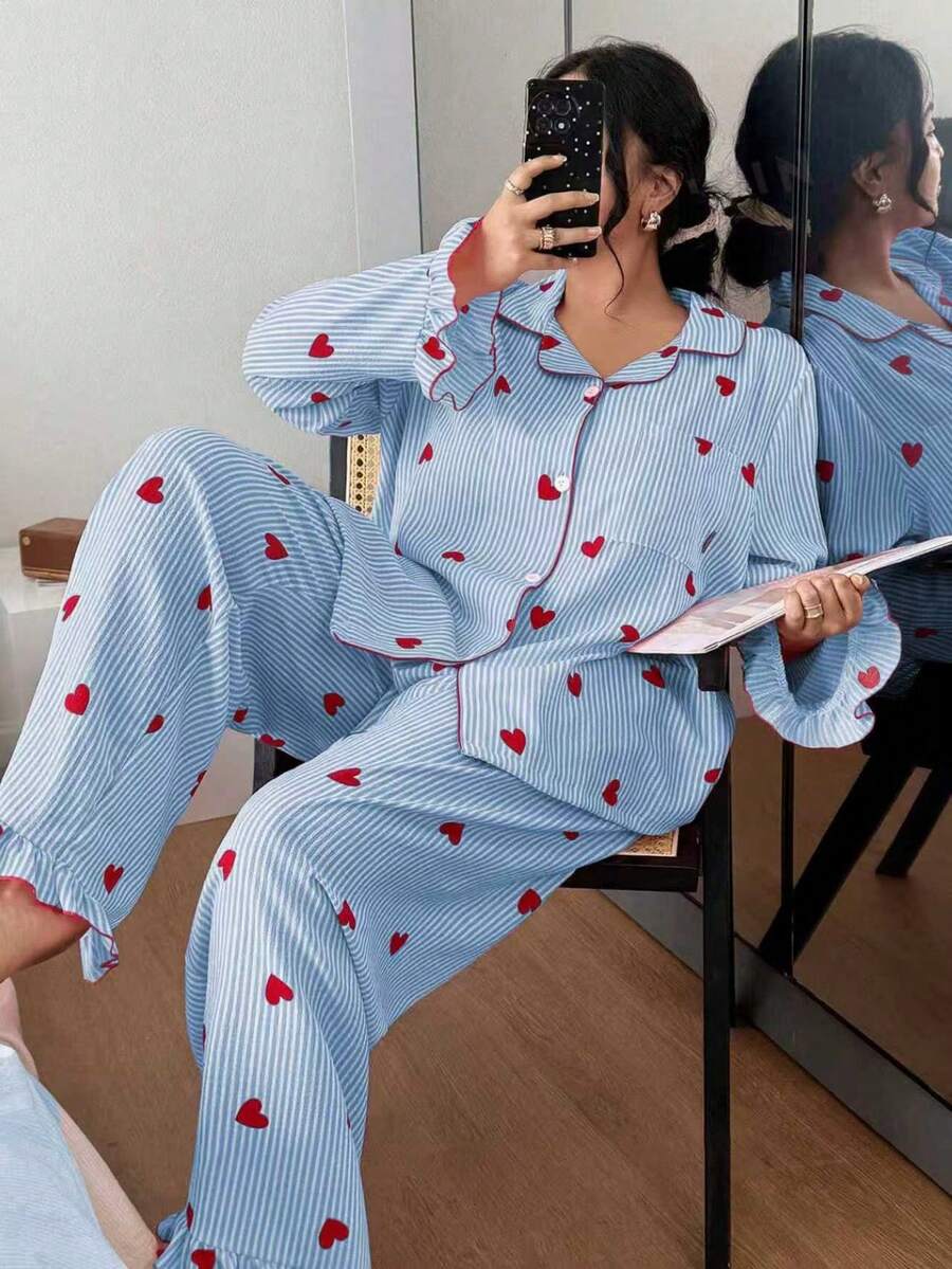 SHEIN 加大码粉色条纹爱心睡衣套装,秋冬服装 - 藍色 - 查看 1