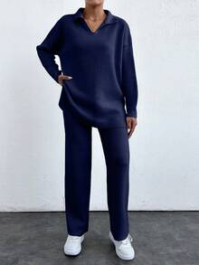 SHEIN PETITE 2pcs/Set Solid Color Turn-Down Collar Sweater And Long Pants Outfit