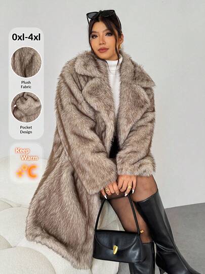 Firerie Plus Size Luxury Pocket Warm Long Sleeve Faux Fur Coat, Autumn/Winter Luxury Faux Fur Coat Winter Clothes For Women Oversized Jacket Outerwear Women