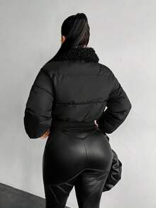 SHEIN SXY 女士仿毛皮领镶钻休闲黑色羽绒服 - 黑色 - 查看 2