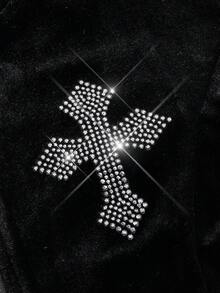 ROMWE Goth Baddie Casual Y2K Rhinestone Cross Front Zipper Hoodie & Flare Pants Set With Tie Bowknot & Velvet Fabric, Stretchy Knitted In Solid Black, Women