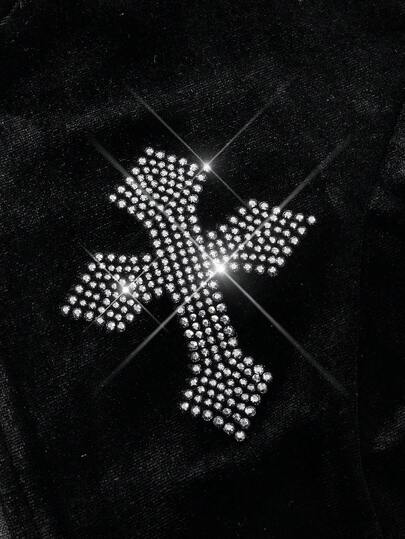 Goth Ensemble Y2K décontracté en strass avec fermeture éclair croisée à l'avant, sweat-shirt à capuche et pantalon évasé avec nœud papillon et tissu de velours, tricoté élastique en noir unicolore, femme