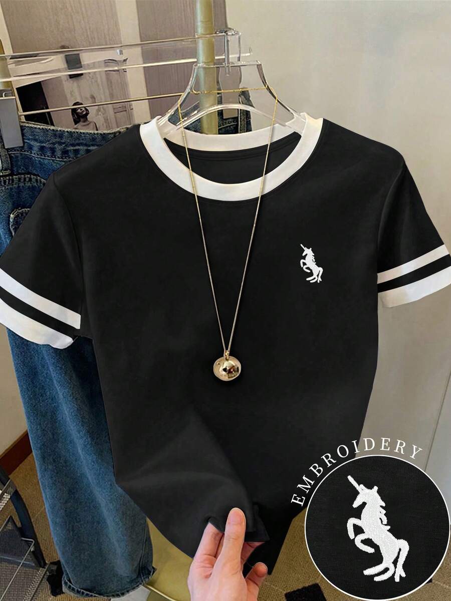SHEIN Women's T-Shirt/Unicorn Pattern Print/Embroidery Craft/Women's Loose Casual Contrast Color Round Neck T-Shirt Top/Fashion Sweatshirt/Spring And Summer - Multicolor - View 1
