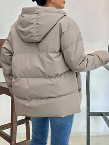 EURMUSE Women's Solid Color Minimalist Oversized Leather Winter Coat - Beige - View 2