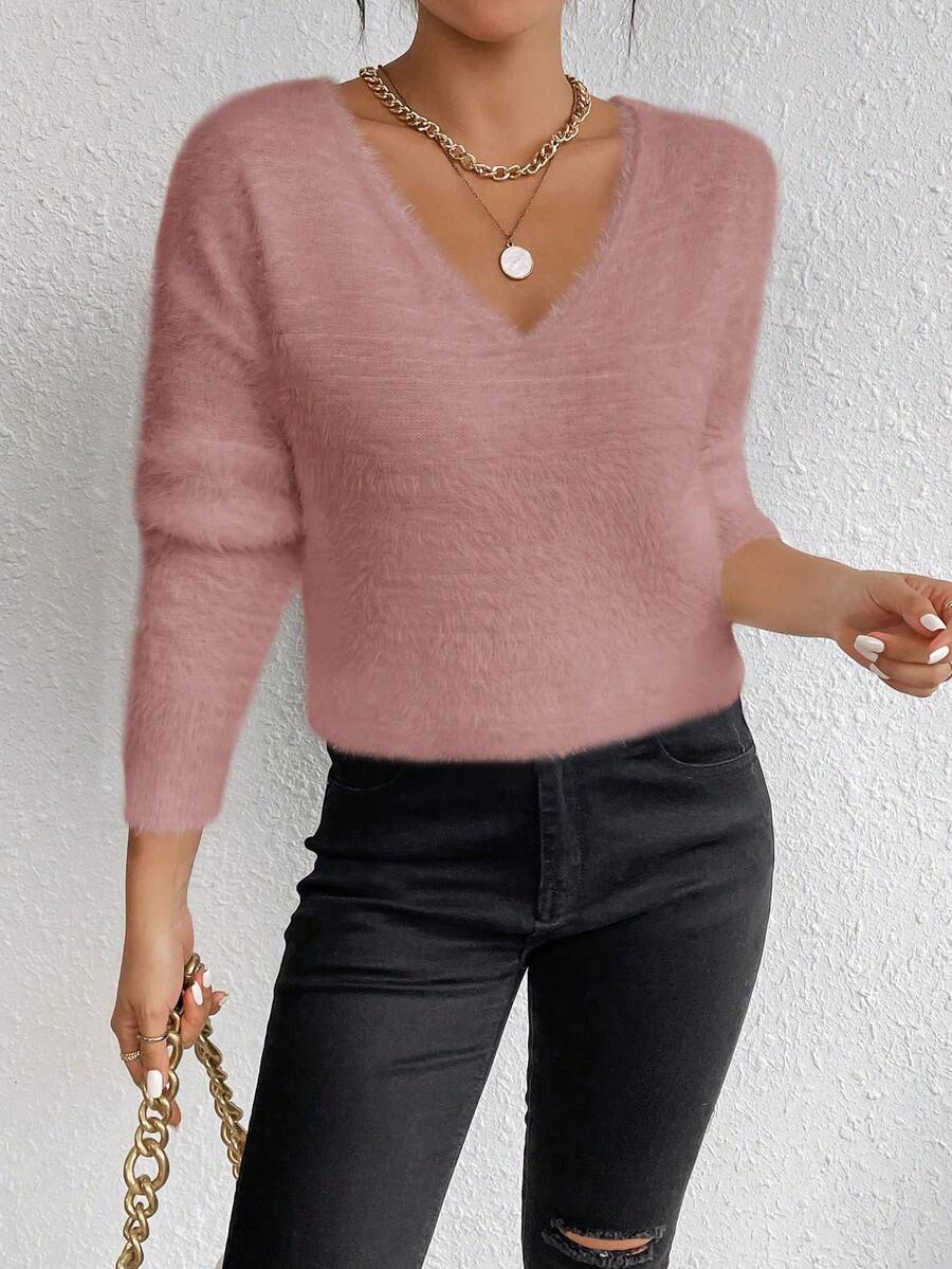 SHEIN LUNE White V-Neck Casual Soft Knit Sweater, Long Sleeve Pullover Top, Autumn/Winter - Dusty Pink - View 1