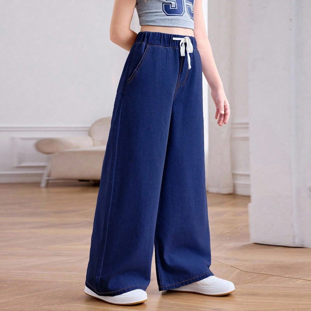 Jeans casuales de pierna ancha con cintura con cordón lavados a la luz para niña preadolescente para uso diario, pantalones de pierna ancha cómodos