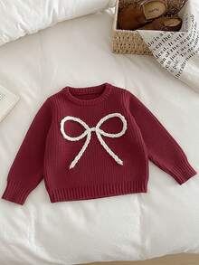 SHEIN Vintaside Kids Áo len chui đầu thắt nơ thời trang, đa năng, dễ thương cho bé gái, áo len dễ thương cho trẻ em, áo len thắt nơ cho bé gái, quần áo mùa thu và mùa đông, áo len cho bé gái, áo len mùa thu/đông cho bé gái, quần áo mùa thu đông cho trẻ em, áo len trẻ em, áo len cho bé gái, áo len cho trẻ em. - Màu Đỏ Sâu - Xem 4
