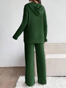 SHEIN Set de maternidad de 2 piezas: Top con capucha de manga larga y hombros caídos en unicolor y pantalones con cordón, casual - Verde Oscuro - Ver 2