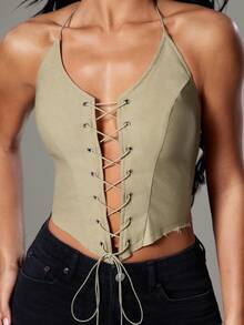 Hauture 性感休闲街头风毛边弹力系带深V露背吊带背心 - 卡其色 - 查看 1