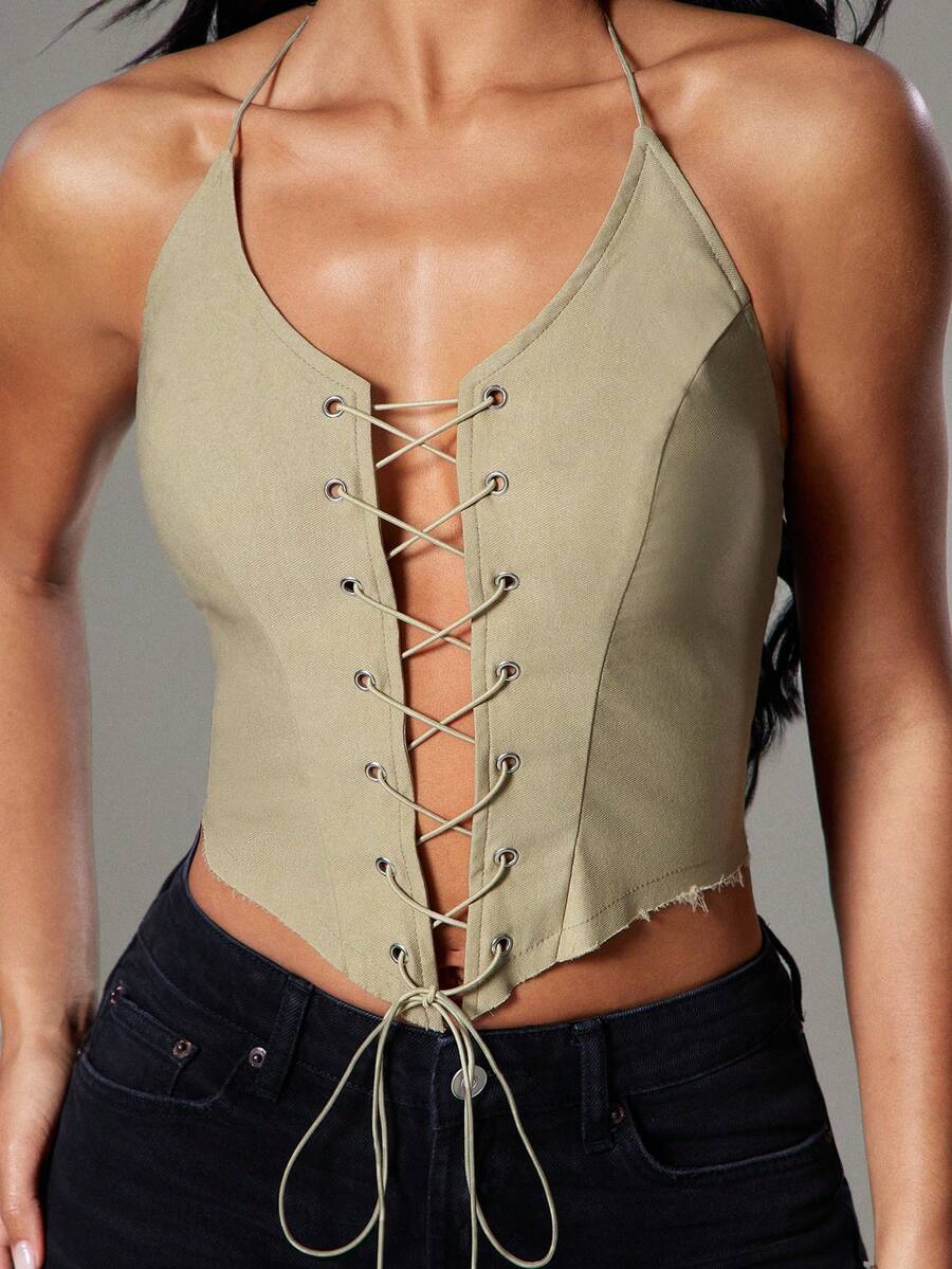 Hauture 性感休闲街头风毛边弹力系带深V露背吊带背心 - 卡其色 - 查看 1