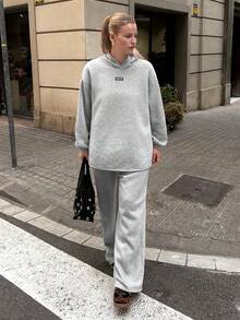 Muchica 2025 Autumn/Winter New Casual Outdoor Daily Hoodie & Sweatpants 2 Pieces Set, Versatile, Loose Fit, Gray, Plus Size