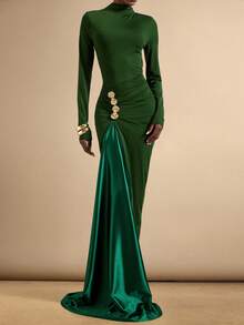 Vesra Váy xanh lá cây kiểu Pháp mới thu/đông, cài nút vỏ kim loại, nhún eo thon gọn, cổ cao co giãn, tay dài, váy dài thiết kế hở lưng, váy dạ hội thanh lịch phối màu cho nữ - Nhiều màu - Xem 4