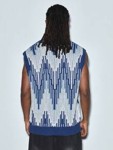 Modcrash Autumn Geometric Pattern Knit Casual Loose V-Neck Sleeveless Vest Top, Unisex Business Commuter Wear For Back To School, Spring/Autumn/Winter - Blue - View 5