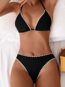 Swim Basics Women's Contrast Trim Halter Bikini Set & Bikini Set For Beach Holiday Summer Beach - Black - View 1