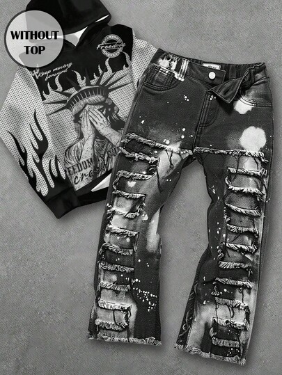 Young Boy Vintage Urban Street Distressed Raw Edge Patchwork Loose Fit White & Black Denim Jeans,Fall Winter,Casual And Versatile For Boys Fall/Winter Dailywear And Streetwear Outfits,For Boys Christmas Outfits,Baby New Year Clothes,Thanksgiving Outfit For Boys,Stylish Boys Jean,Boys Graduation Outfits,Boys Winter Jeans,Toddler Denim Clothes,Winter Clothes,,Boys Black Jeans,Black Jeans,Black Clothes For Boys