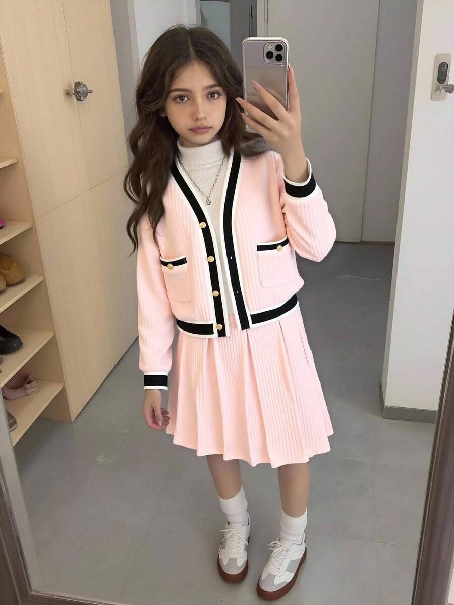 Elladie kids 2件套 少女撞色滚边长袖外套和百褶裙 - 粉色 - 查看 1