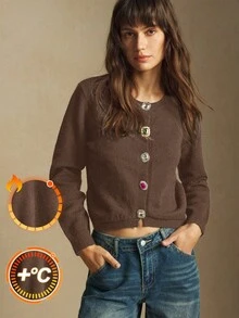 Maija Damski jednorzędowy kardigan z okrągłym dekoltem i metalowymi guzikami, dzianinowy, do pracy w mieście, elegancki, biznesowy, casualowy, podstawowy top na wyjścia, na Boże Narodzenie i Nowy Rok, jesień/zima, jesień dla kobiet