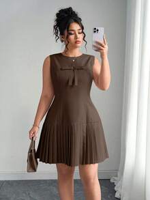 Elenzga Váy công chúa dáng công chúa cổ tròn xếp ly vải lanh thanh lịch kiểu Pháp buộc eo không tay màu hồng dành cho kỳ nghỉ - Cà phê nâu - Xem 4