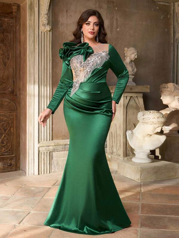 Aureia Plus Size Elegant Sexy Round Neck Green Luxury Sequin Patchwork Satin Shoulder Ruffle Decor Mermaid Hem Formal Gown (Heavily Embellished Design)