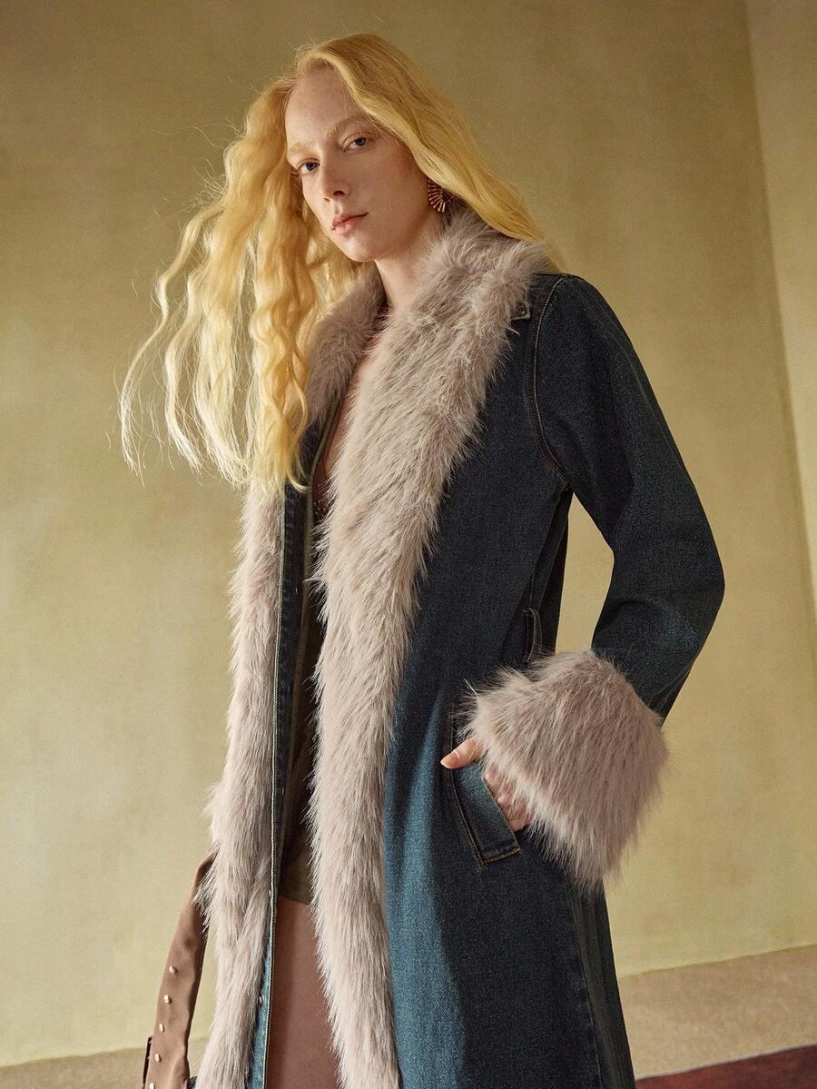 MOTF STUDIO WOMEN CONTRAST FAUX FUR DENIM JACKET, AUTUMN/WINTER