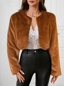 SHEIN Clasi 女士优雅保暖简约蓬松绿色外套，适合秋冬季穿着 - 棕色 - 查看 6