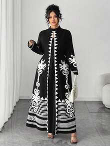 Elenzga Váy Maxi Dài Ôm Dáng Họa Tiết Hoa Cổ Điển Cỡ Lớn, Váy Maxi In Hình Hình Học Thanh Lịch Cỡ Lớn, Phù Hợp Cho Nữ Mặc Đi Làm Vào Mùa Thu - màu đen - Xem 6