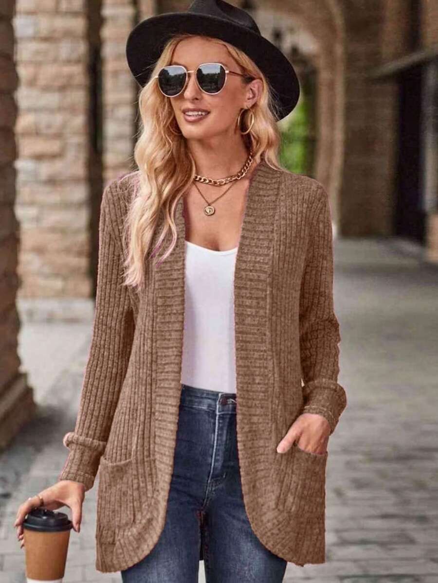 SHEIN LUNE Chaqueta ligera de mujer casual con bolsillos laterales, de punto acanalado y con forro suave, de apertura frontal - Caqui - Ver 1
