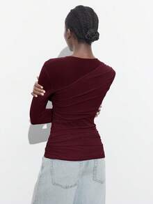 Maija Women's Asymmetric Design Metal Decor Versatile Crew Neck Long Sleeve Top, Suitable For Spring/Summer, Modern Urban Style, Office Wear, Business Casual, Party, Date, Elegant Solid Color Tops Womens Long Sleeve Tops - Burgundy - View 3