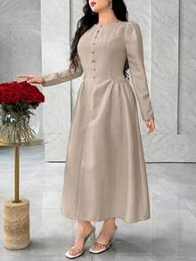 Feyla Vestido elegante de estilo francés con bolsillos que ciñen la cintura, minimalista y elegante que estiliza la figura - Caqui - Ver 3