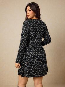 Elaquor Plus Size Women Ditsy Floral Front Tie Long Sleeve Casual Dress/Valentine's Day Spring - Black - View 2