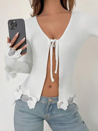 Roylia Women's Solid Color Long Sleeve Front Tie Fitted Knit Cardigan, Autumn/Winter