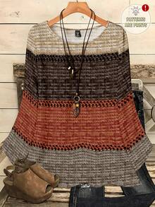 EMERY ROSE Áo sơ mi kẻ sọc cổ tròn tay 3/4 in họa tiết khối màu cỡ lớn dành cho nữ, mùa thu/đông - Nhiều màu - Xem 1