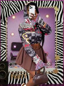 BamGleam Women's Slogan Checkered Print Long Sleeve Cropped Casual Hoodie