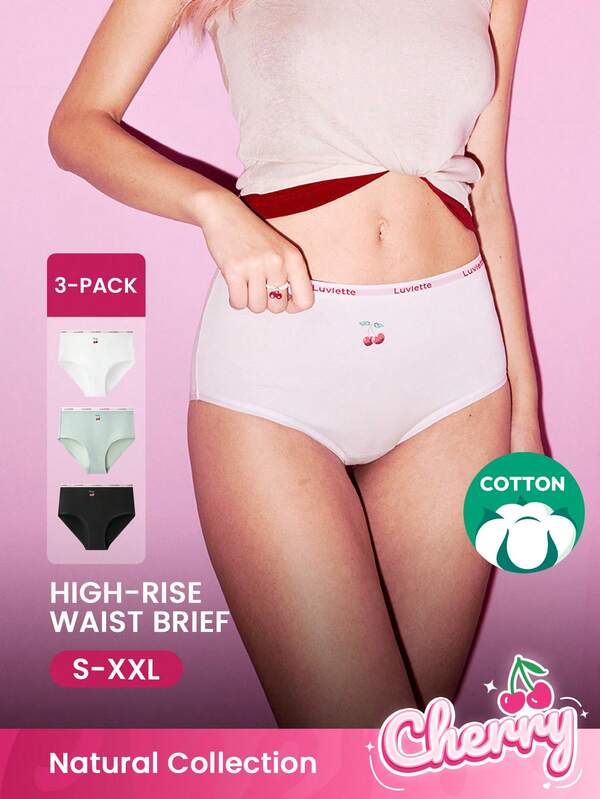 LUVLETTE Paquete de 3 bragas de algodón suave de cintura alta para mujer - Estilo de pijamas de Navidad con cerezas 2025