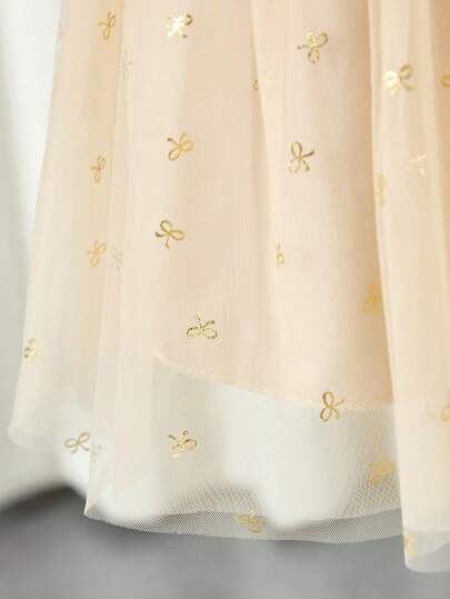 Glamorique Kids Girls Bow Decor Tulle Skirt, Knit Crew Neck Ruffle Collar Long Sleeve Top, Foil Bowknot Tulle Puff, Suitable For Girls Outdoor Casual Wear In Autumn/Winter