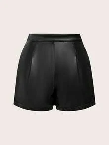 SHEIN Privé Women's Fashionable Solid Color Folded Pleated Shorts, Summer - Black - View 2