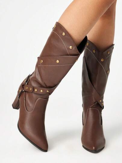 2025 New Slim Heel High Heels PU Rivet Western Cowboy Boots, Women's Boots, Stacked Heel Riding Boots