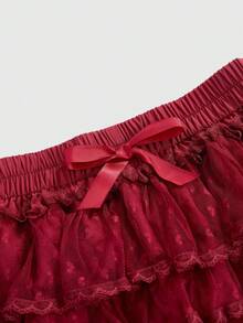 ROMWE Goth 女士哥特洛丽塔多层蛋糕裙，白色蝴蝶结拼接南瓜灯笼短裤，春季婚礼服装 - 紅色 - 查看 3