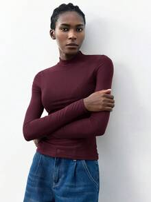 Maija 女士纯色立领长袖网眼修身上衣，百搭实用，适合都市通勤、商务休闲、圣诞节、新年派对、婚礼宾客等场合，可作外套穿着。 - 酒紅色 - 查看 6