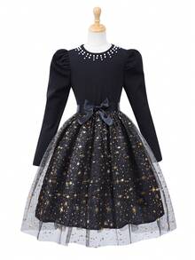 女童复古优雅连衣裙，珍珠领，泡泡袖，蝴蝶结腰带，星光网纱裙摆，适合派对、宴会和节日穿着。 - 黑色 - 查看 3