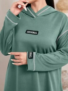 Veilorie Women's Hooded Contrast Stitching Letter Long Sweatshirt Dress - Mint Green - View 8