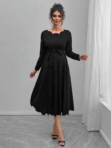 Momance Maternity Shell Trim Round Neck Long Sleeve Casual Solid Color Dress - Black - View 5